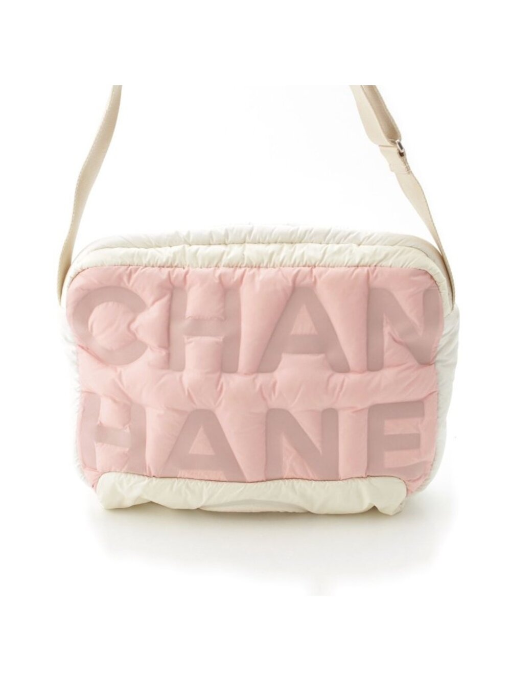Chanel Deudone Coconnage Nylon Embossed Logo Shoulder Bag Pink White